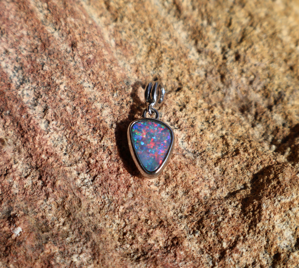 Lightning Ridge Boulder Backed Doublet Pendant - Red, Green & Blue in 925 Silver