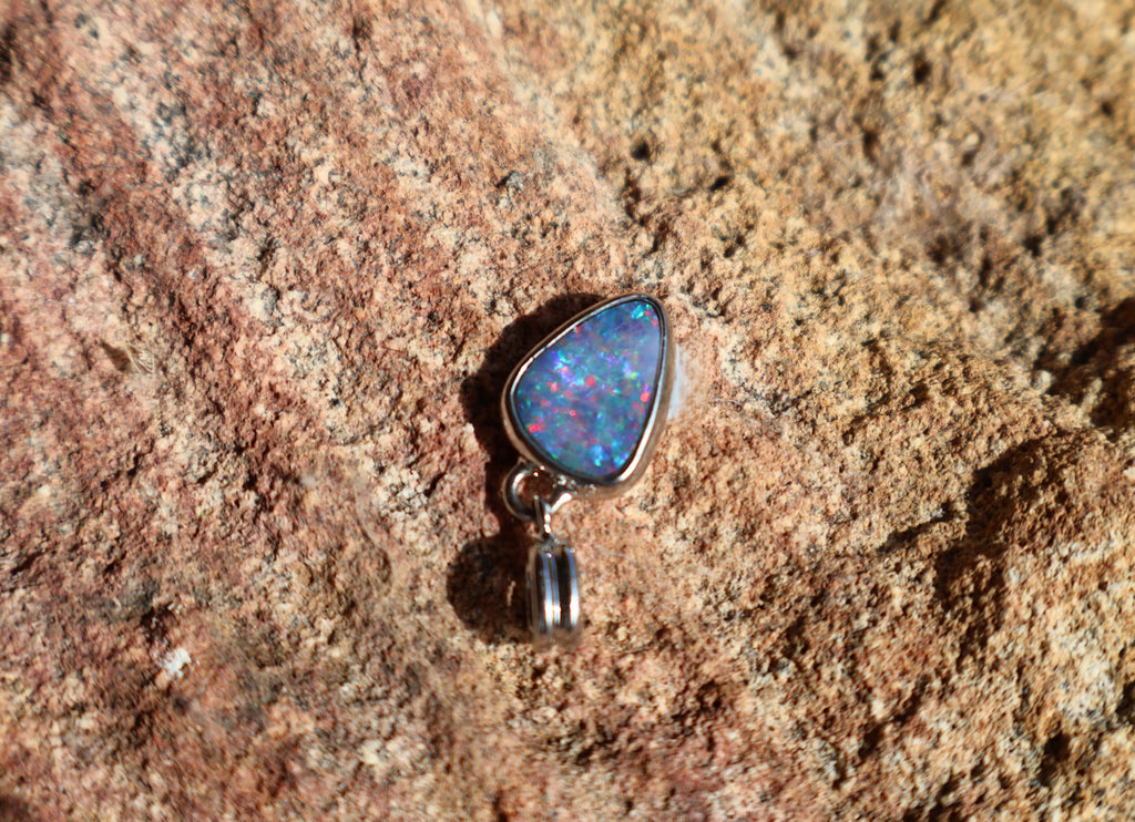 Lightning Ridge Boulder Backed Doublet Pendant - Red, Green & Blue in 925 Silver