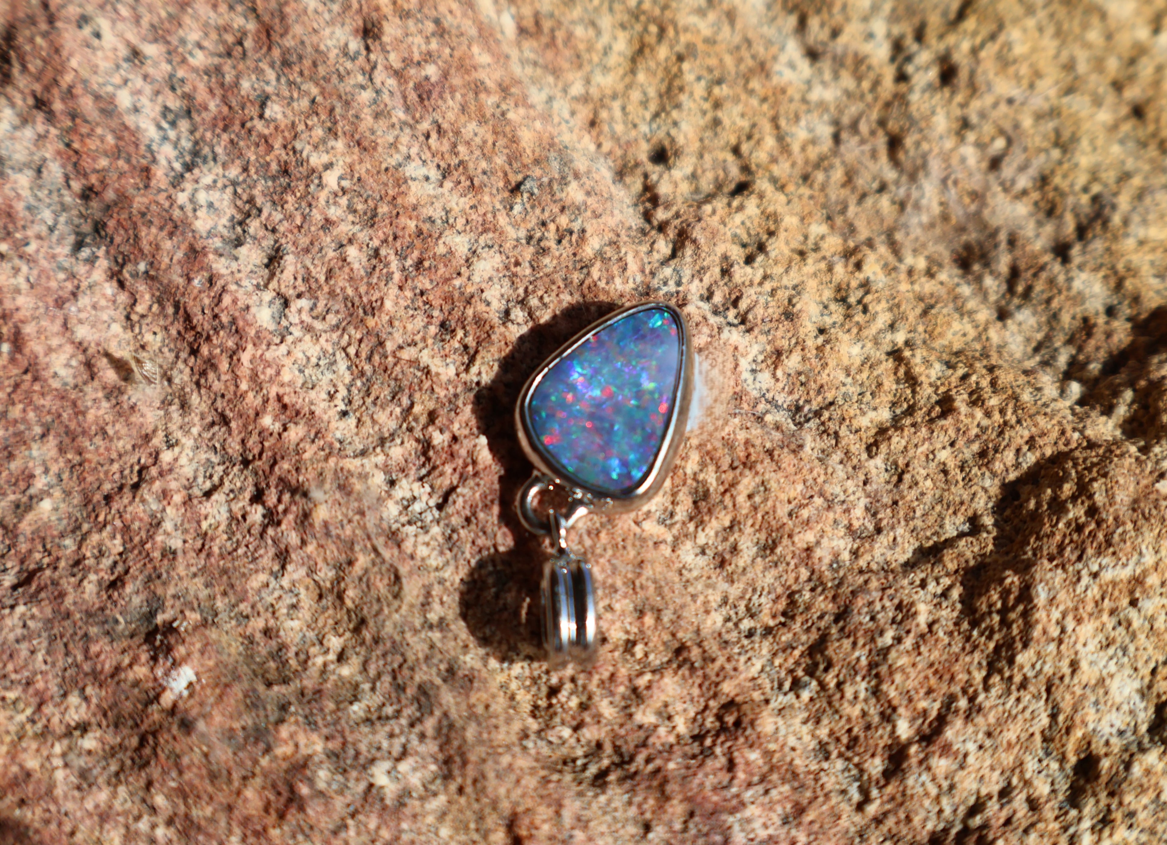 Lightning Ridge Boulder Backed Doublet Pendant - Red, Green & Blue in 925 Silver