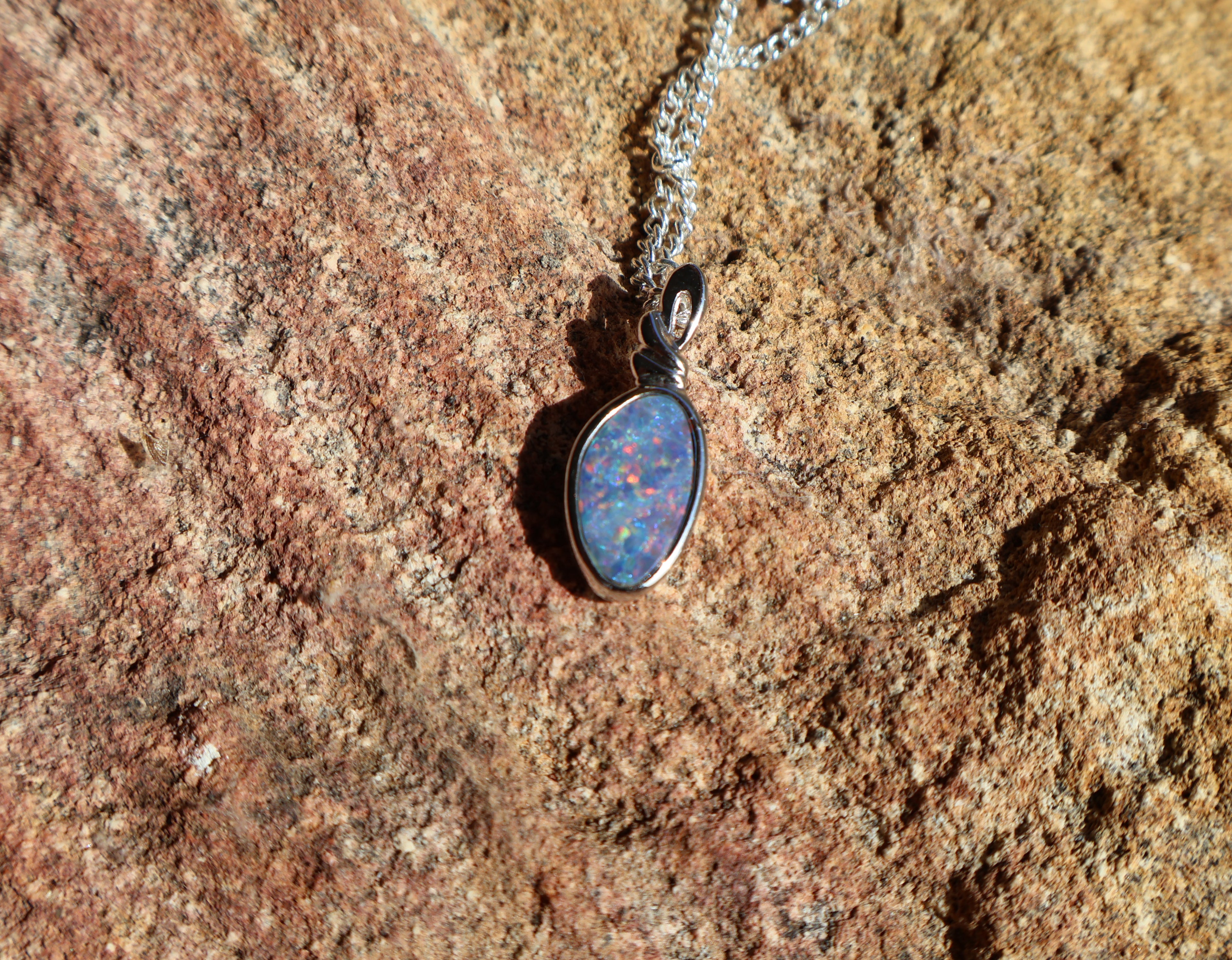 Lightning Ridge Boulder Backed Doublet Pendant - Red, Green & Blue in 925 Silver