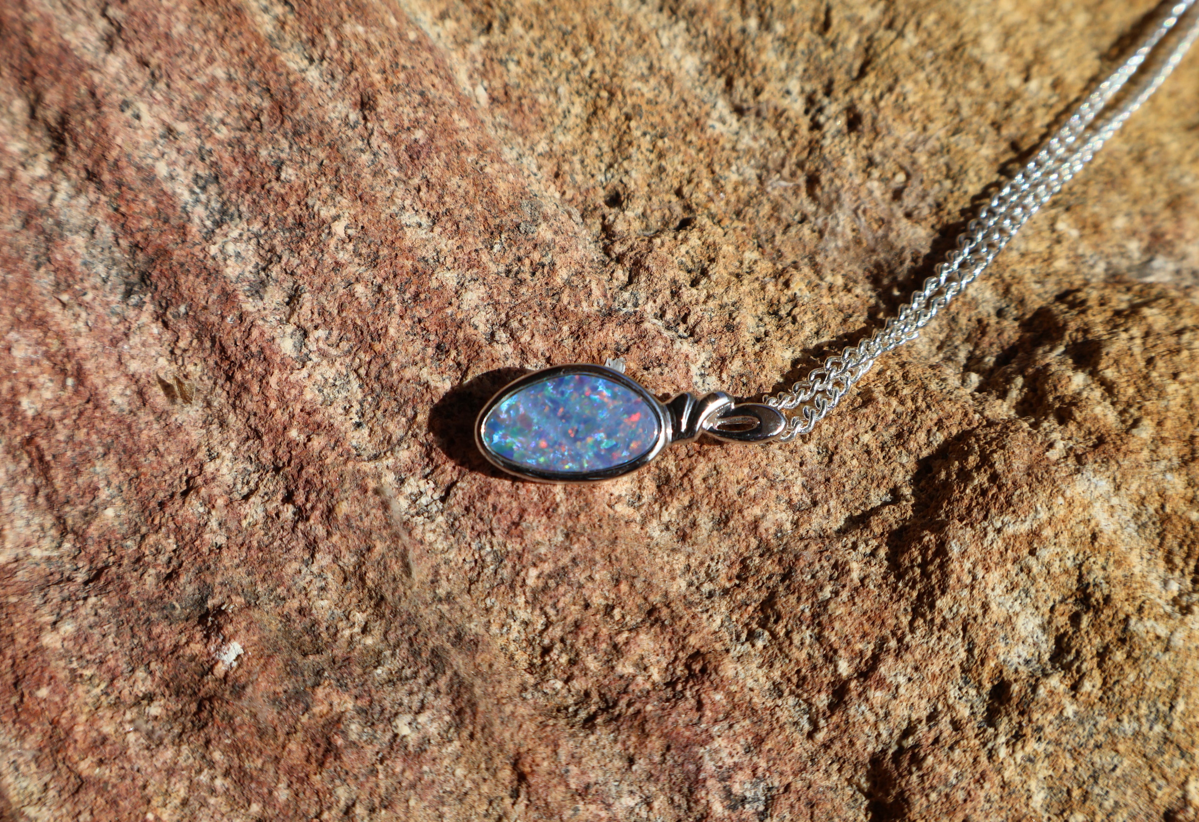 Lightning Ridge Boulder Backed Doublet Pendant - Red, Green & Blue in 925 Silver