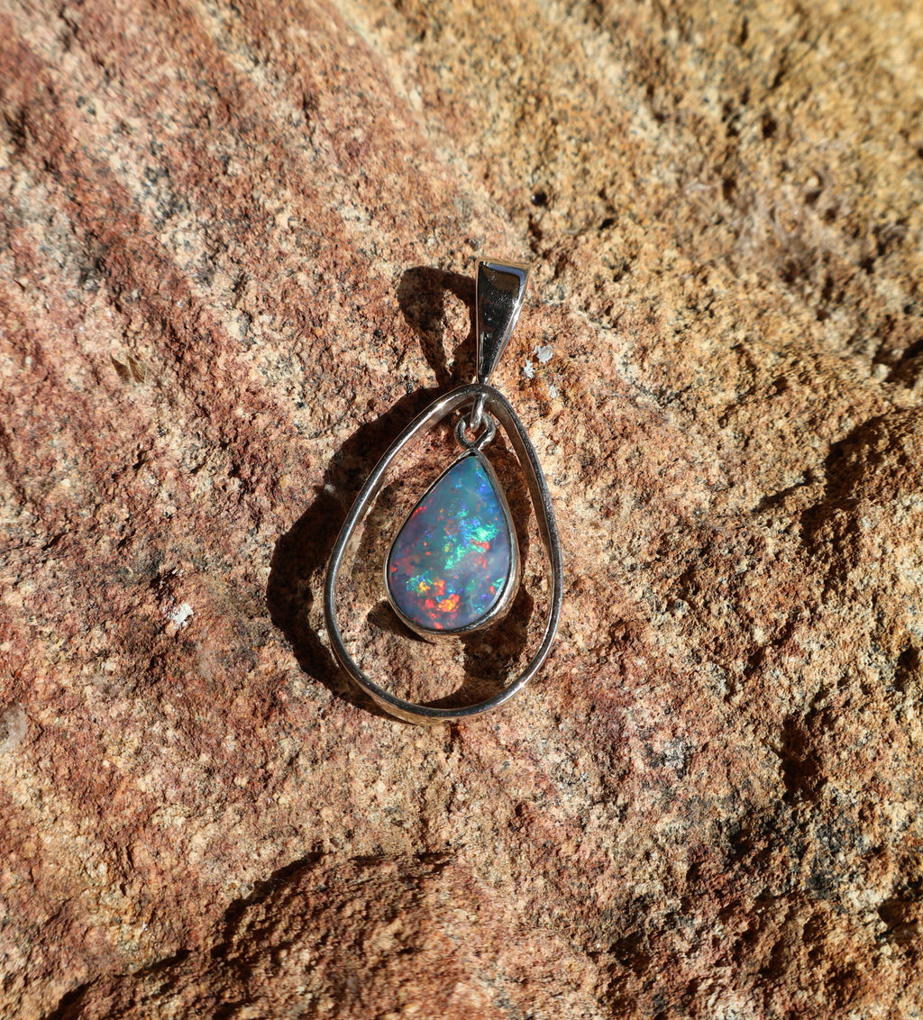 Lightning Ridge Doublet Pendant Necklace - Bright Multi-Colour in 925 Silver