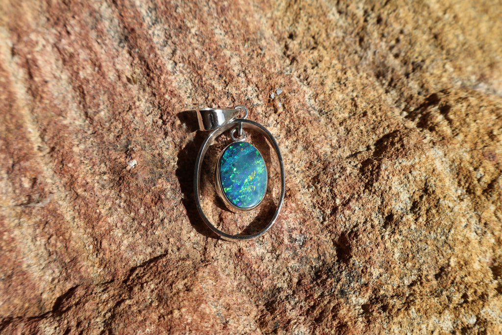 Opal Doublet Pendant - Bright Blue, Yellow & Green on Black in 925 Silver