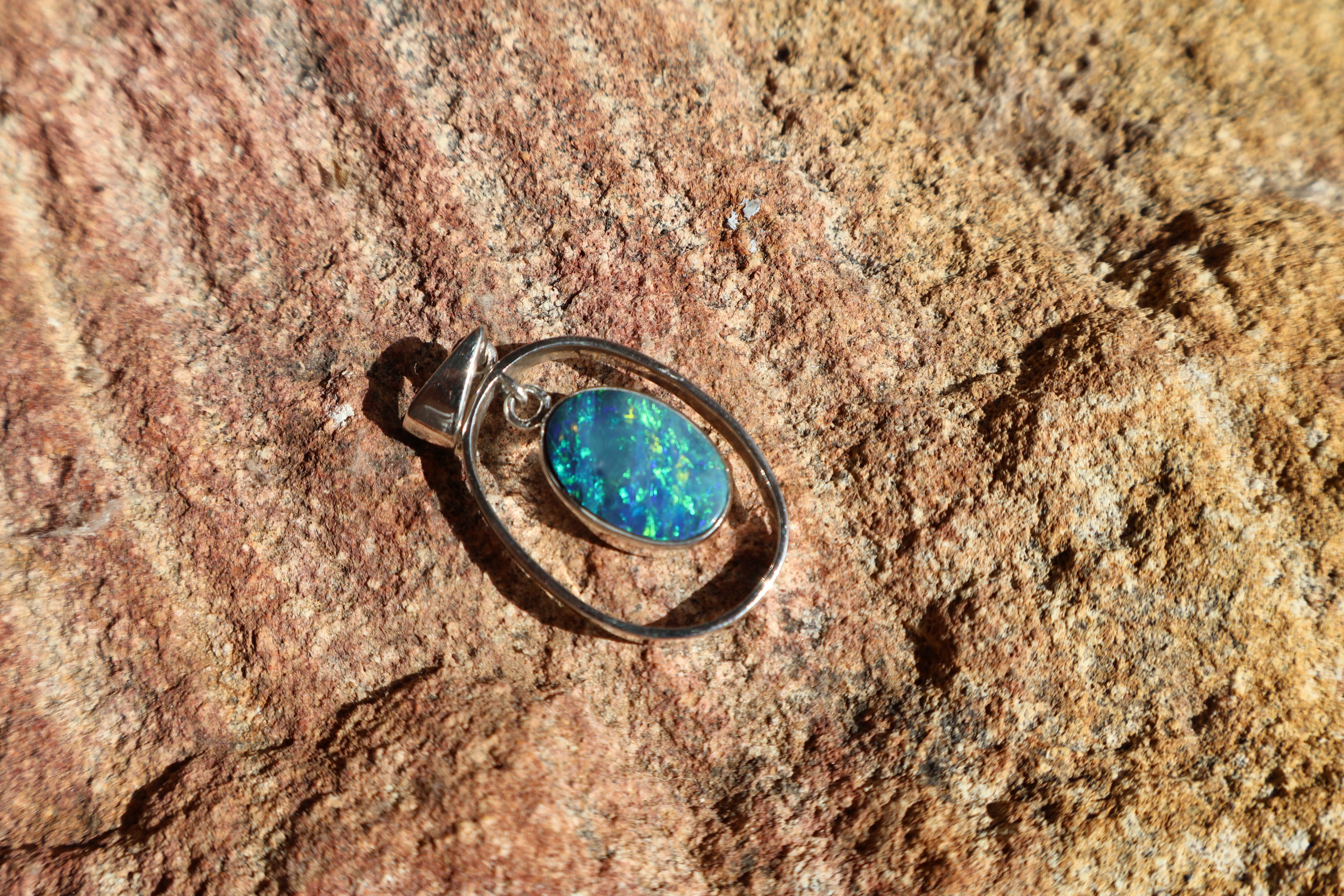 Opal Doublet Pendant - Bright Blue, Yellow & Green on Black in 925 Silver