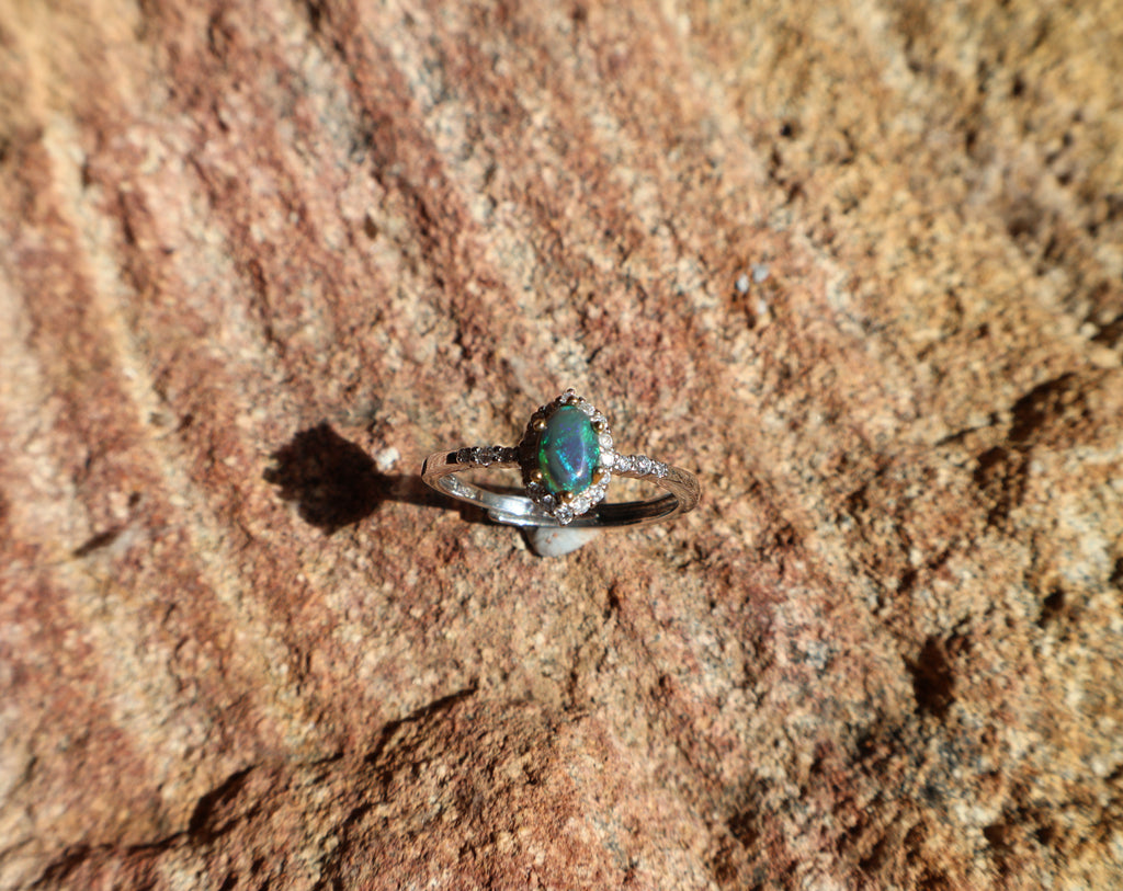 0.3ct Lightning Ridge Opal Ring - Blue, Green & Purple on Dark Base in 925 Silver Adjustable