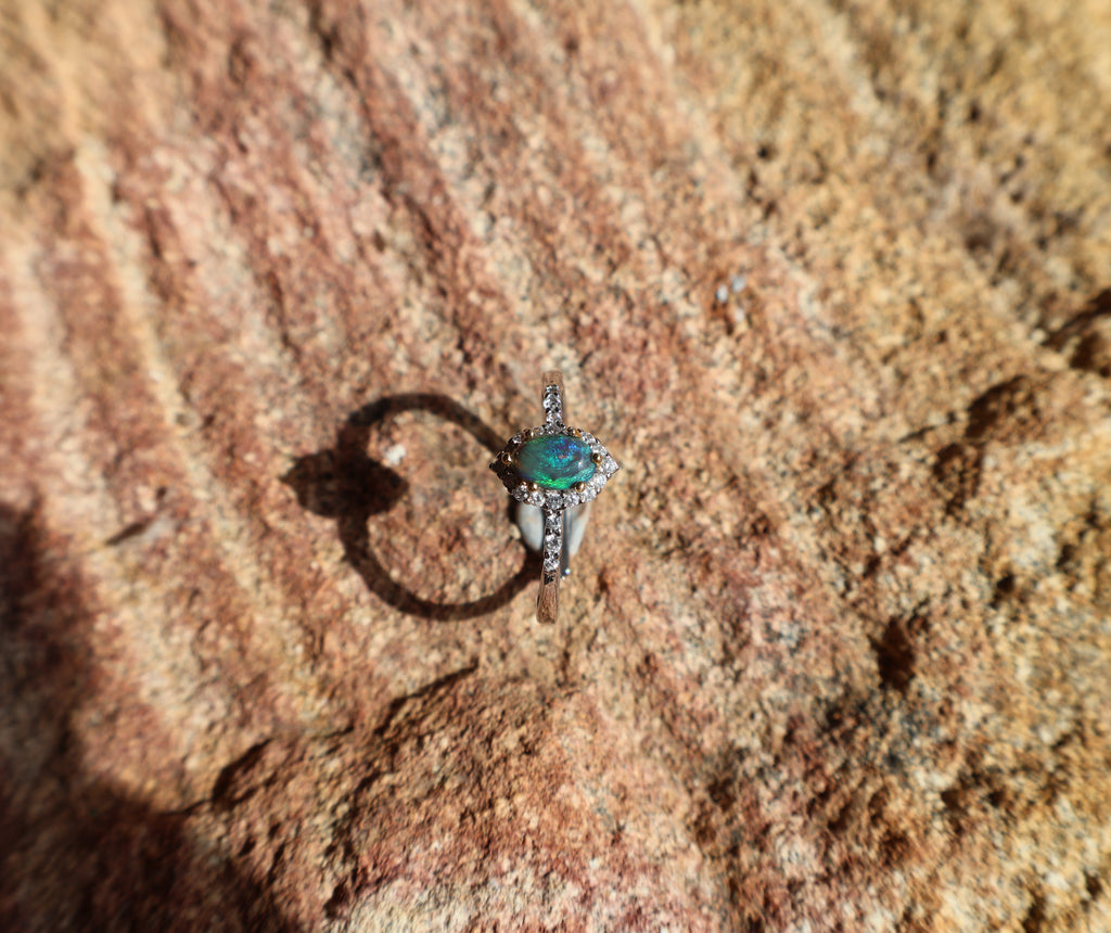 0.3ct Lightning Ridge Opal Ring - Blue, Green & Purple on Dark Base in 925 Silver Adjustable