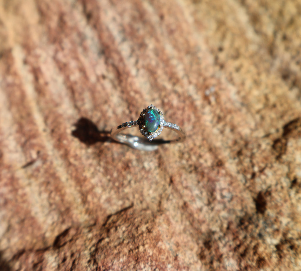 0.3ct Lightning Ridge Opal Ring - Blue, Green & Purple on Dark Base in 925 Silver Adjustable