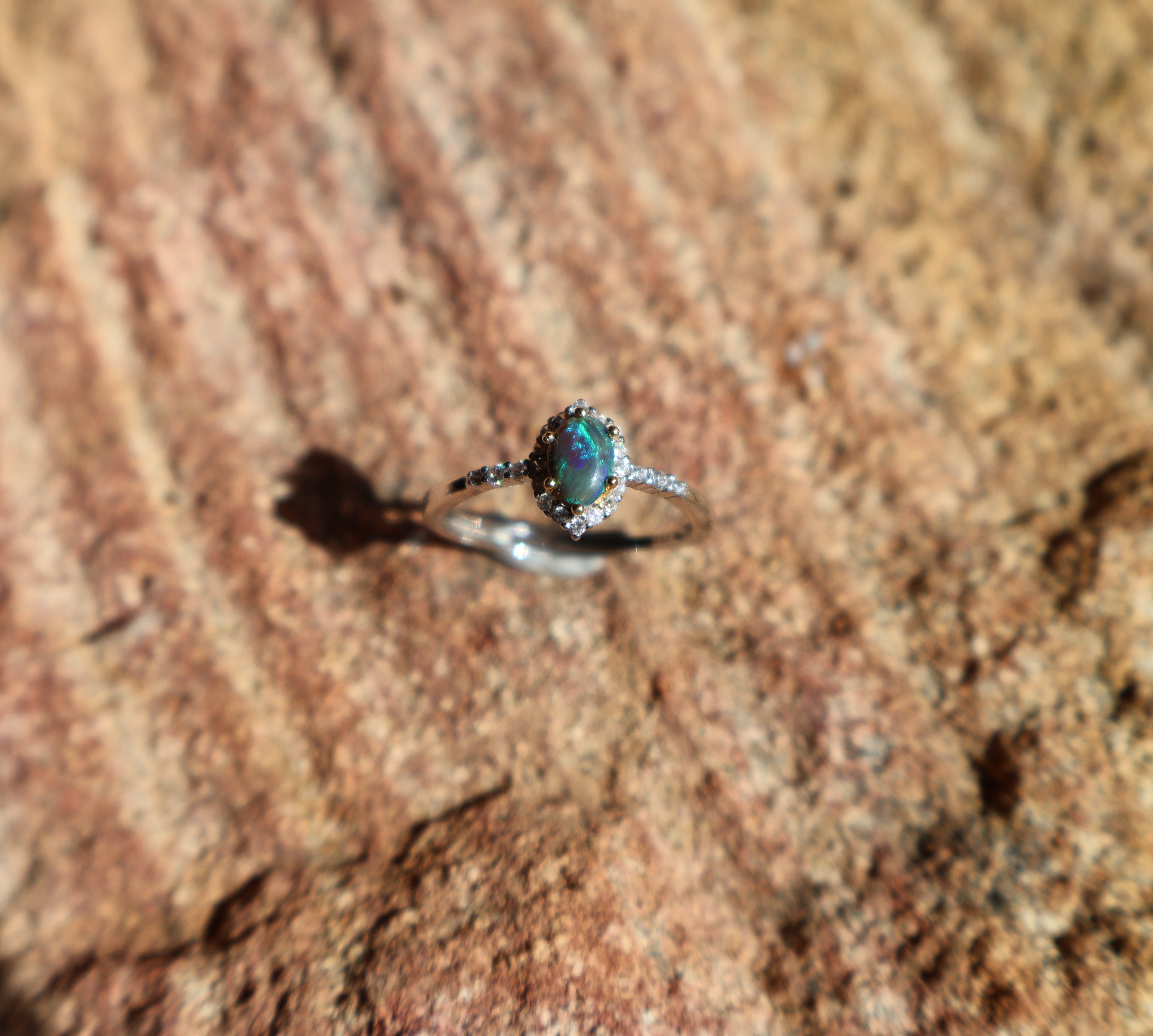 0.3ct Lightning Ridge Opal Ring - Blue, Green & Purple on Dark Base in 925 Silver Adjustable