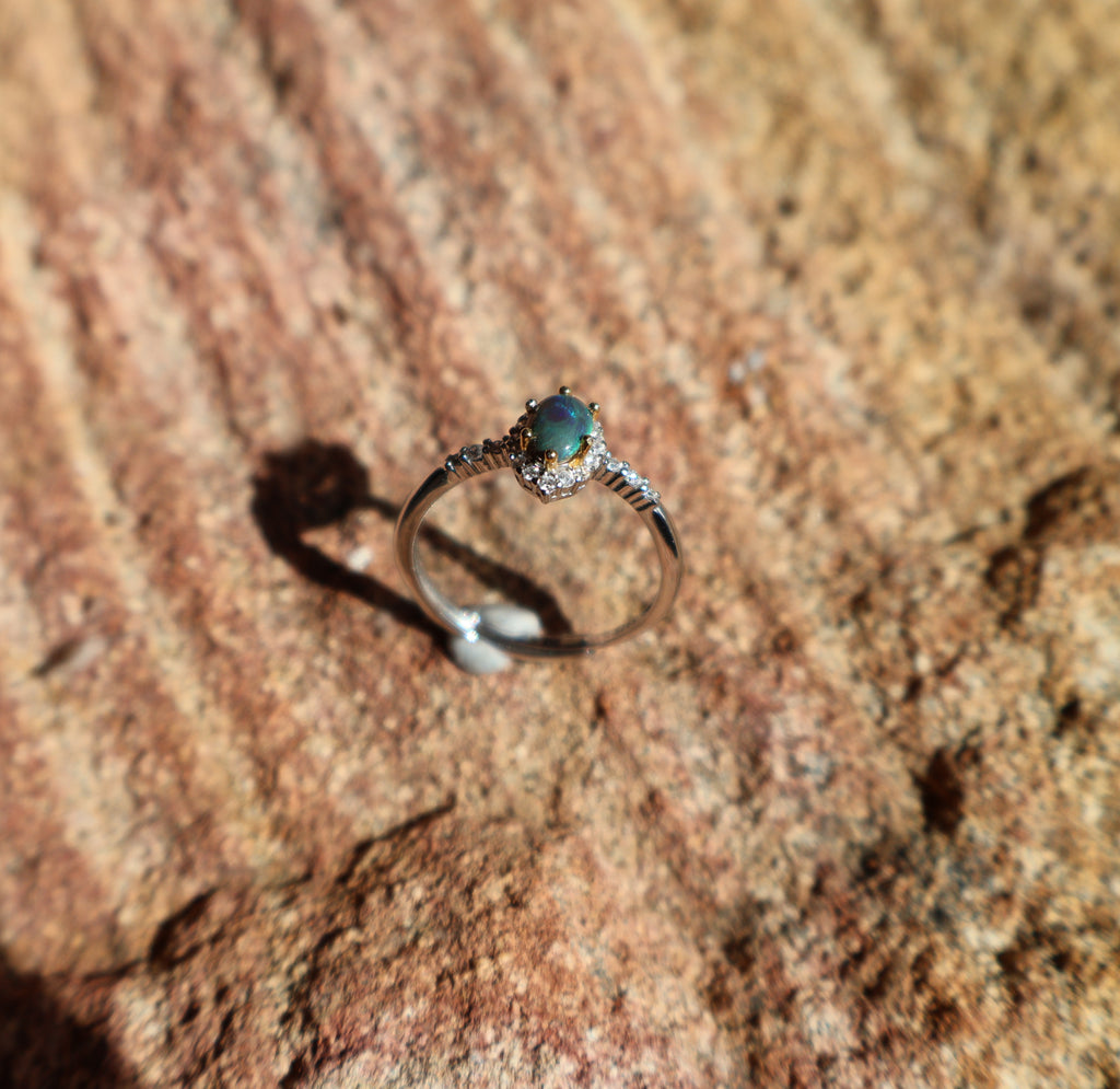 0.3ct Lightning Ridge Opal Ring - Blue, Green & Purple on Dark Base in 925 Silver Adjustable