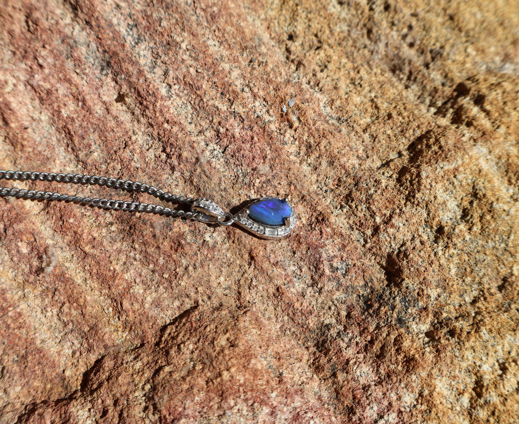 0.5ct Opal Pendant Necklace - Blue with Green Flash on Dark Base in 925 Silver