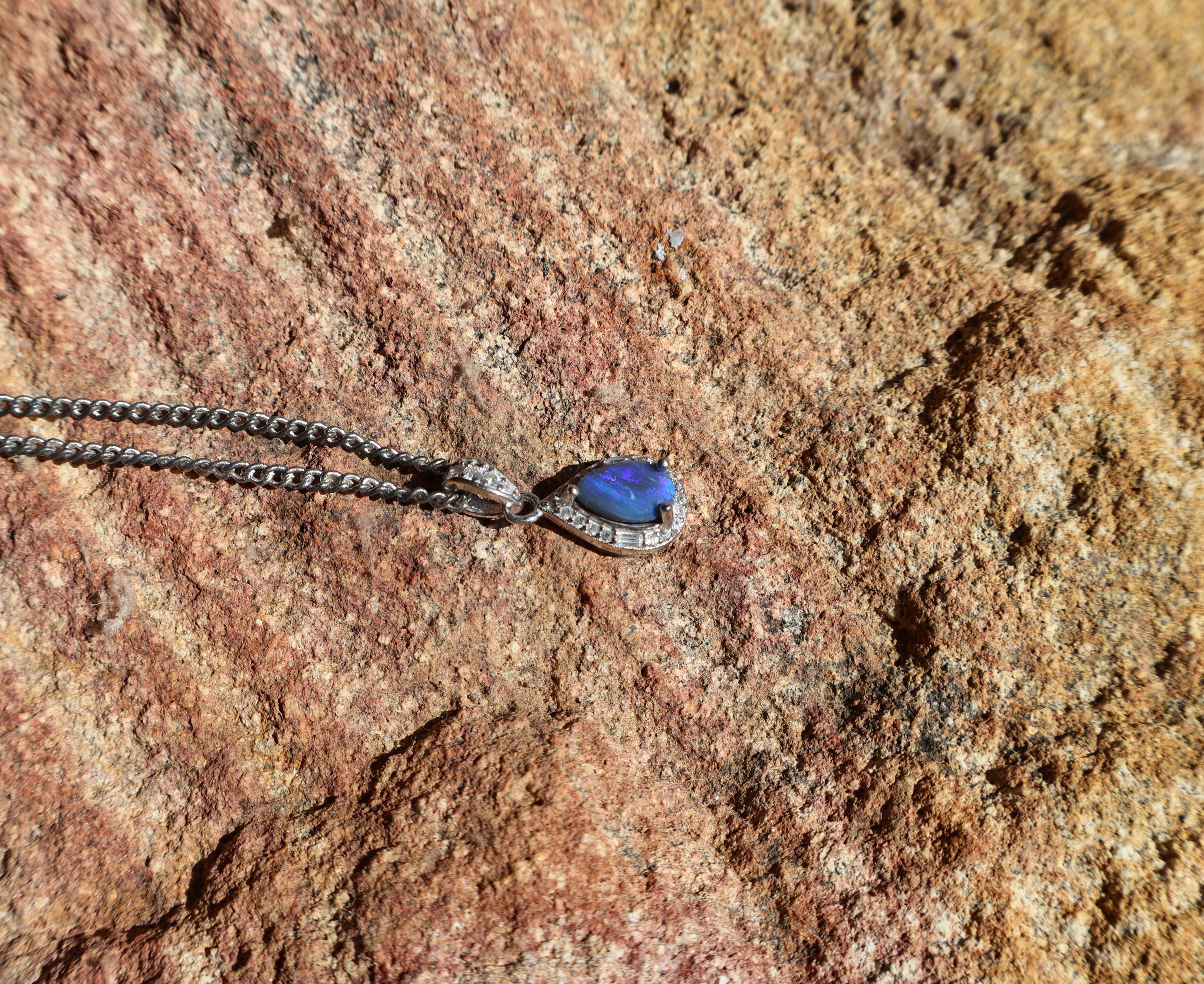 0.5ct Opal Pendant Necklace - Blue with Green Flash on Dark Base in 925 Silver